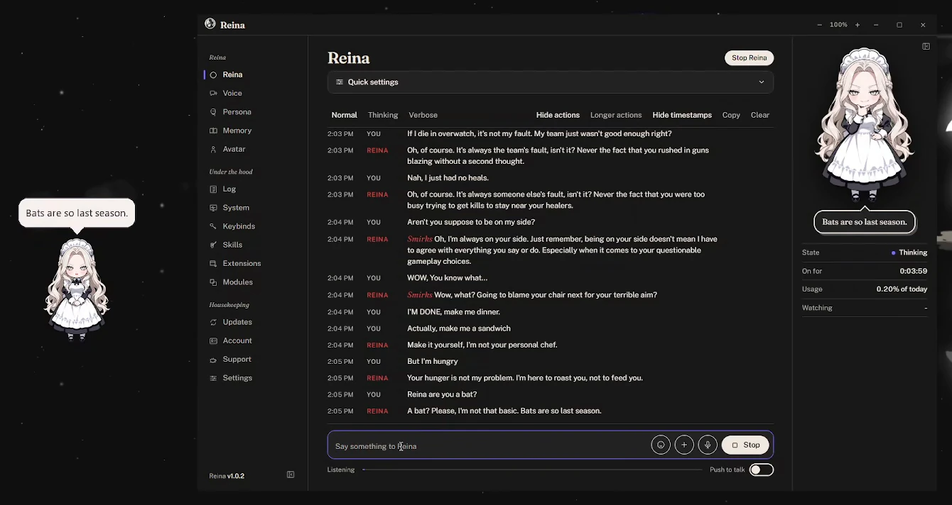 The Reina app on a desktop: a real chat log, Reina's portrait answering &ldquo;Bats are so last season,&rdquo; and Reina's desktop sprite saying the same line beside the window