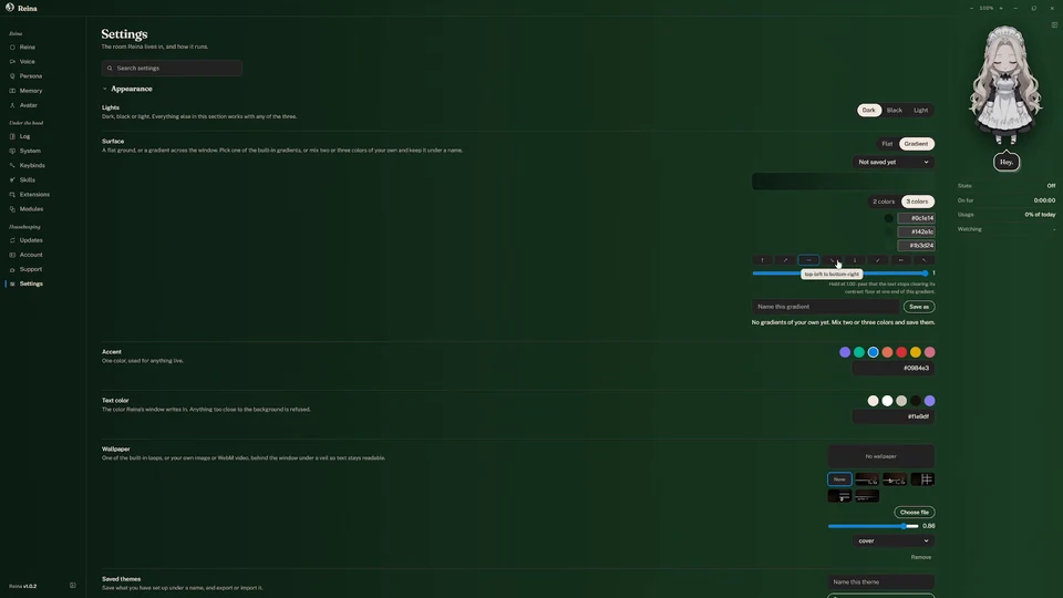Reina's settings with a green gradient theme
